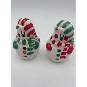 Snowman Ceramic Salt & Pepper Shakers With Christmas Felt Ornament - Red & Green